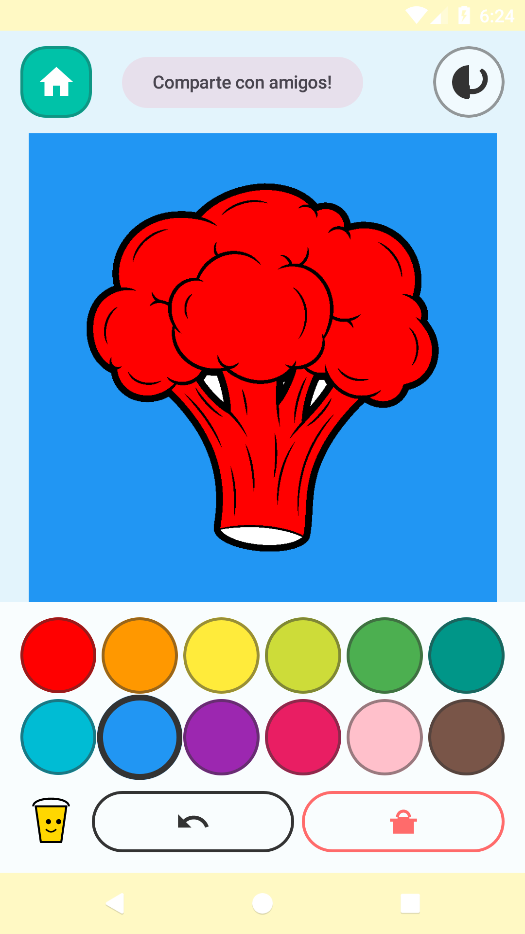Pantalla de coloreado con un dibujo rellenado con el relleno mágico